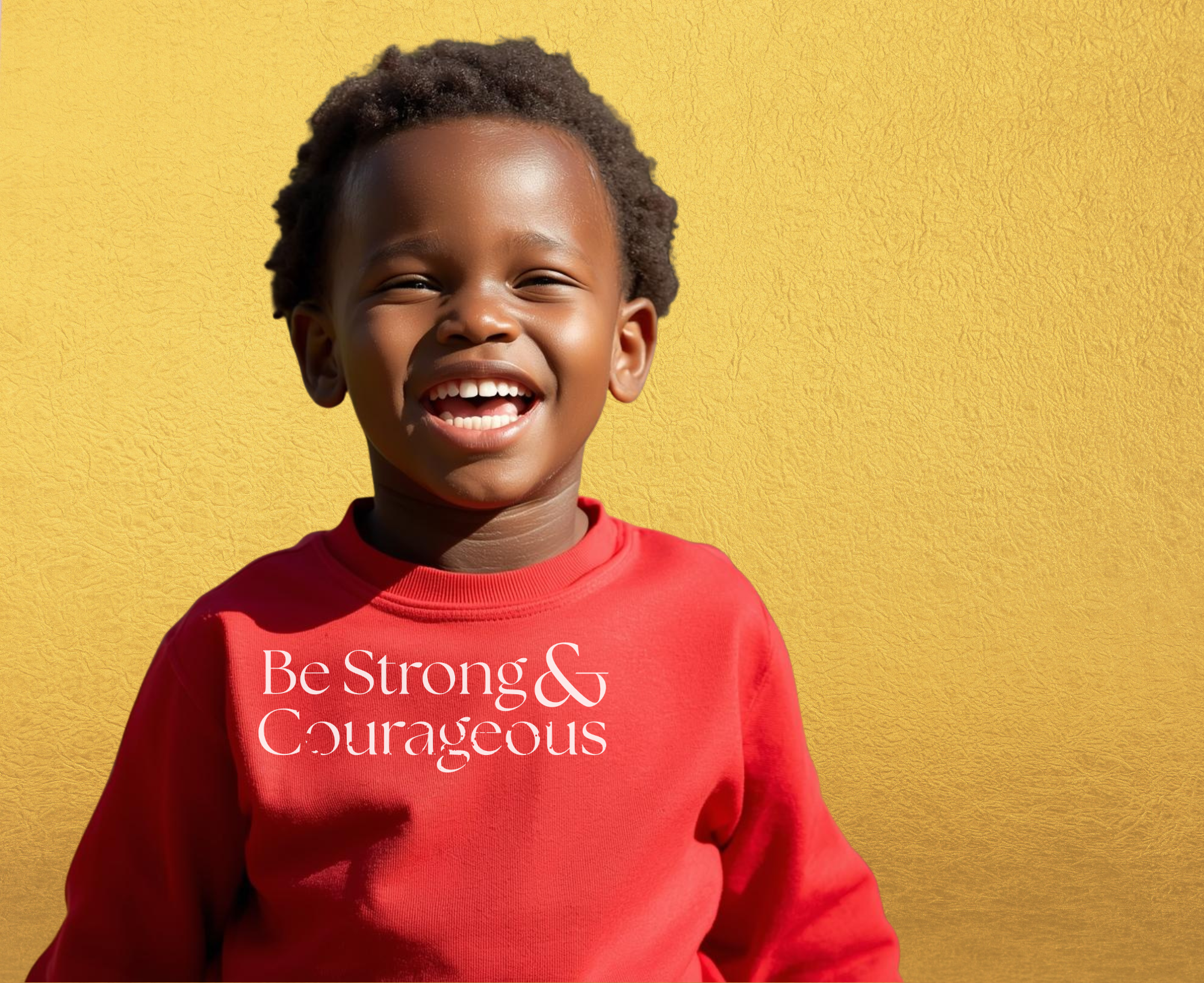 Child wearing a red sweatshirt with 'Be Strong & Courageous' text on a yellow background
