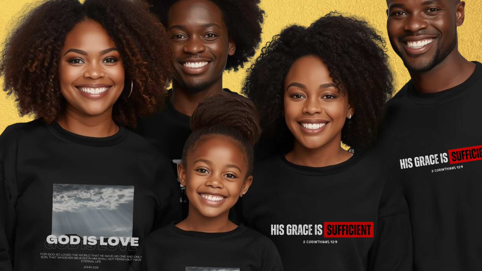 Family wearing black sweatshirts with religious text and graphics on a yellow background